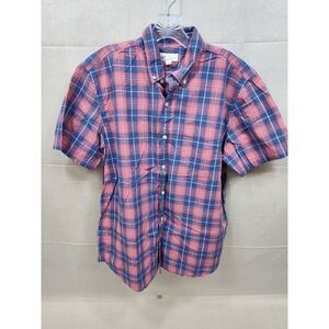 Gap Mens Standard Fit Short Sleeve Plaid Button Down Shirt Coral Blue Large